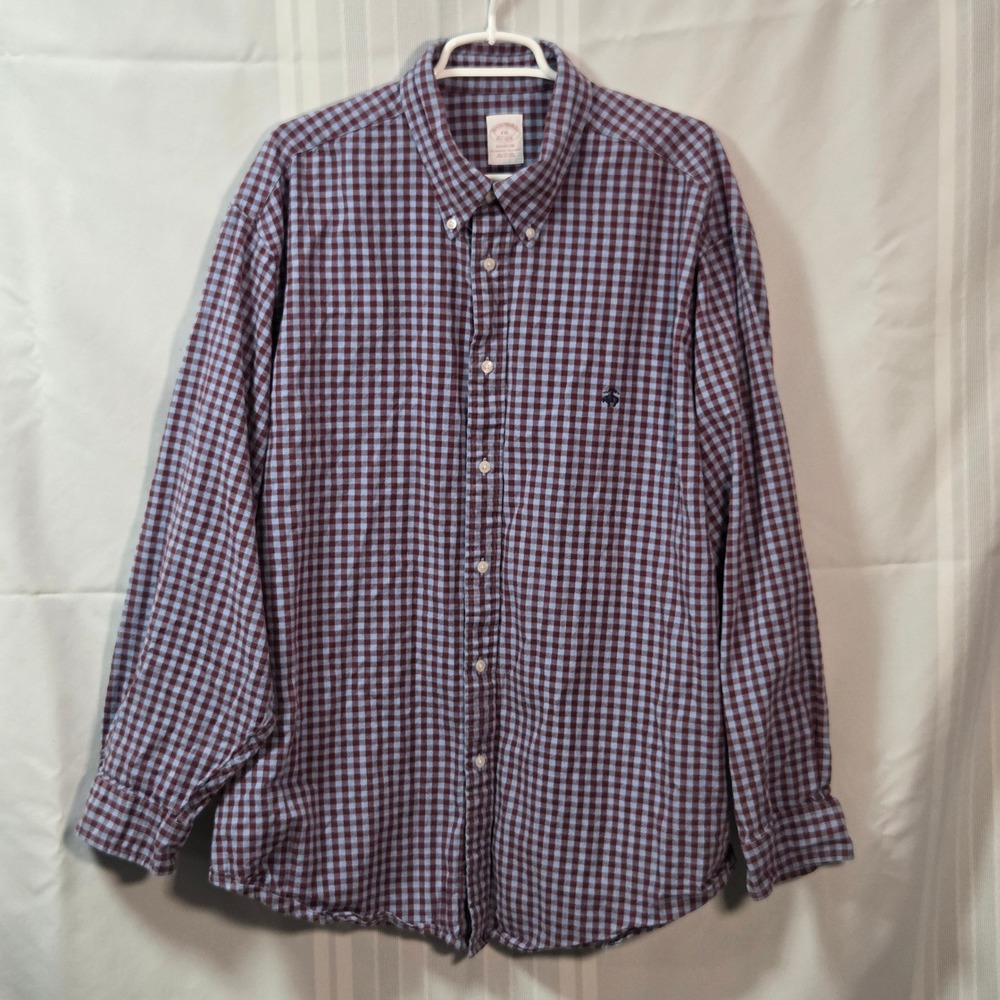 Brooks Brothers Polo Shirt Mens XXL Blue Burgundy Madison Gingham Button Down